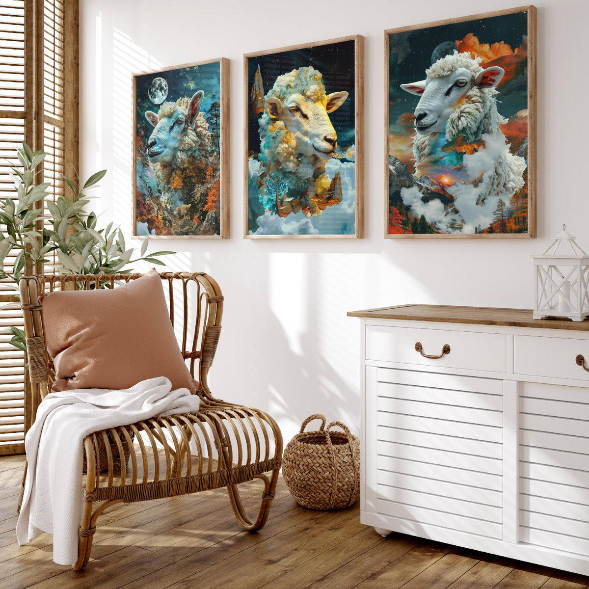 Sheep Set of Three Art Prints - 3 Double Exposure Cloud Posters - Surreal Mountain Autumn Nature Wall Art Gift Painting Celestial