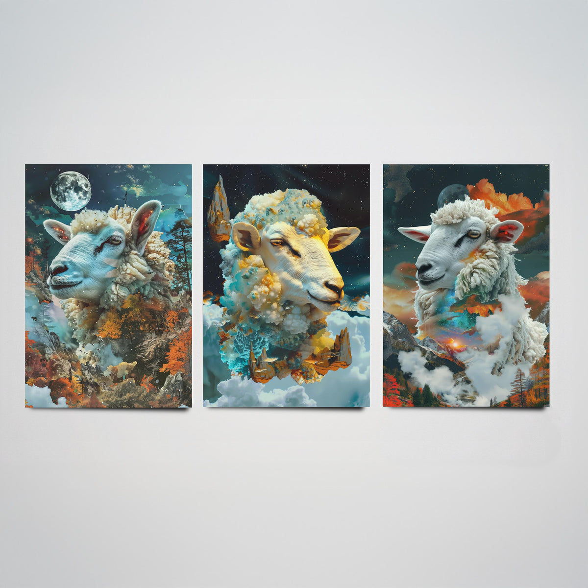 Sheep Set of Three Art Prints - 3 Double Exposure Cloud Posters - Surreal Mountain Autumn Nature Wall Art Gift Painting Celestial