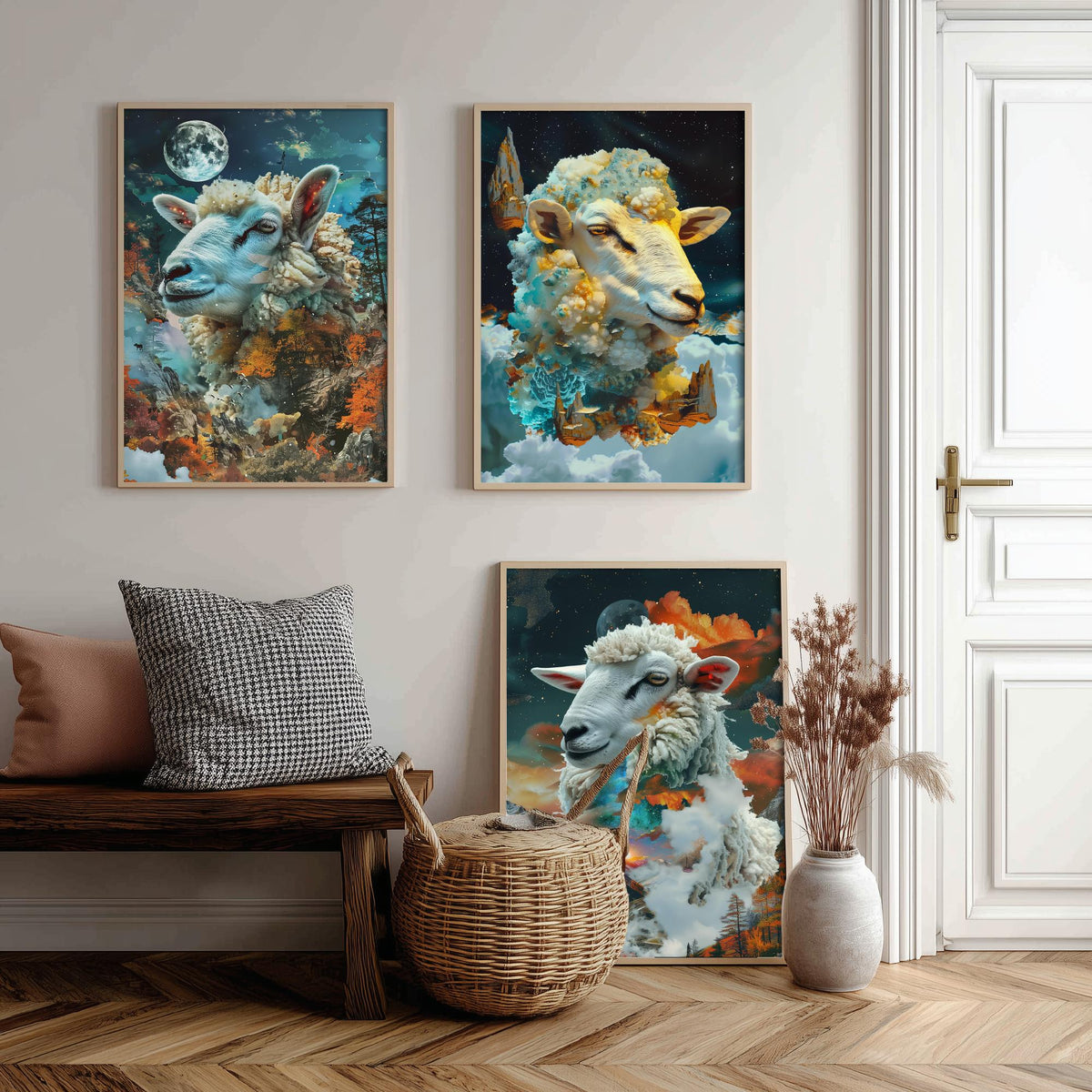 Sheep Set of Three Art Prints - 3 Double Exposure Cloud Posters - Surreal Mountain Autumn Nature Wall Art Gift Painting Celestial