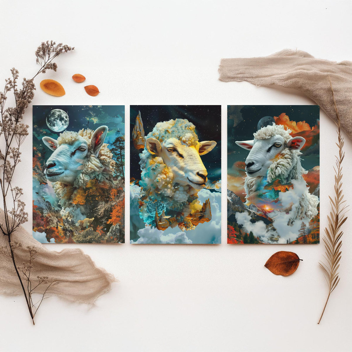 Sheep Set of Three Art Prints - 3 Double Exposure Cloud Posters - Surreal Mountain Autumn Nature Wall Art Gift Painting Celestial