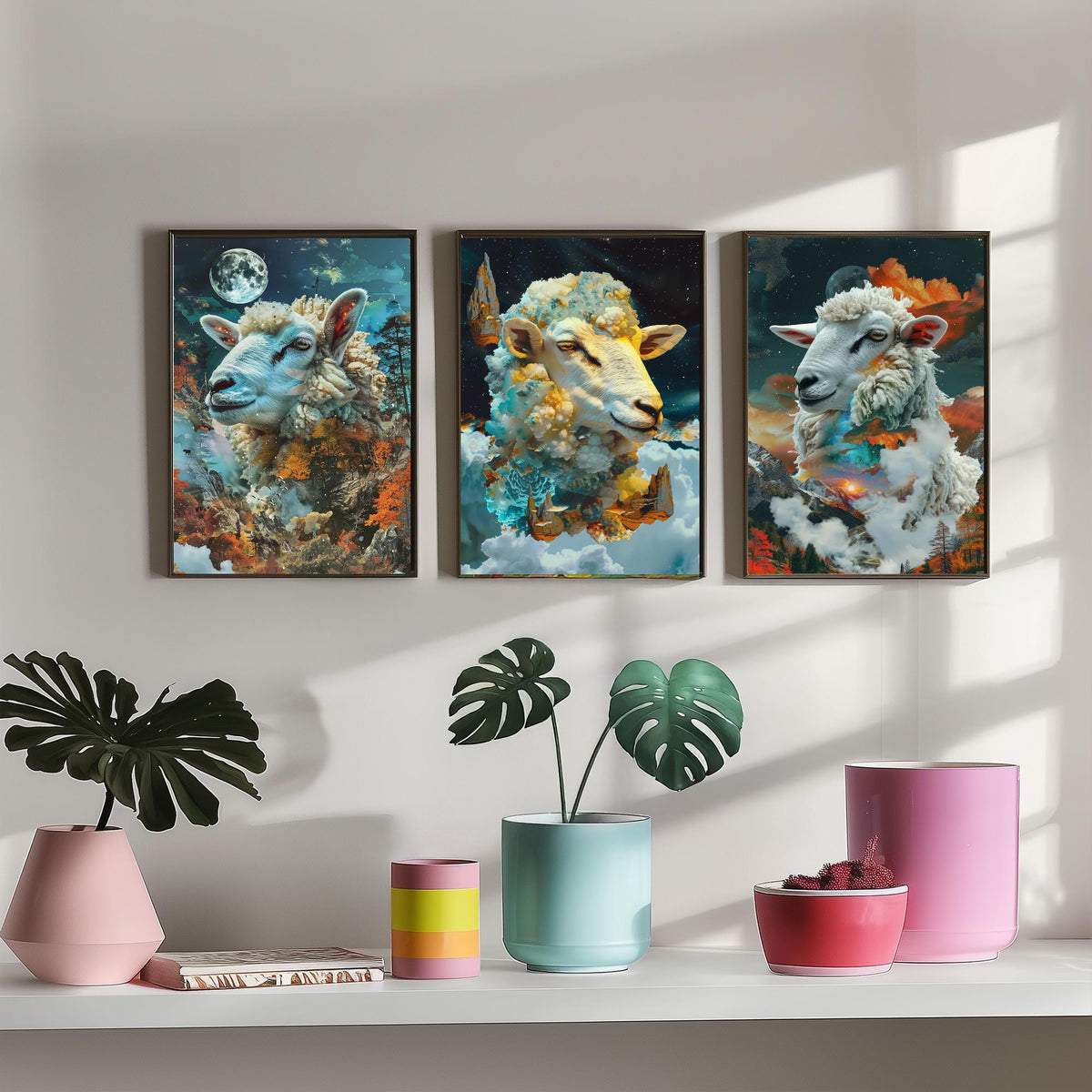 Sheep Set of Three Art Prints - 3 Double Exposure Cloud Posters - Surreal Mountain Autumn Nature Wall Art Gift Painting Celestial
