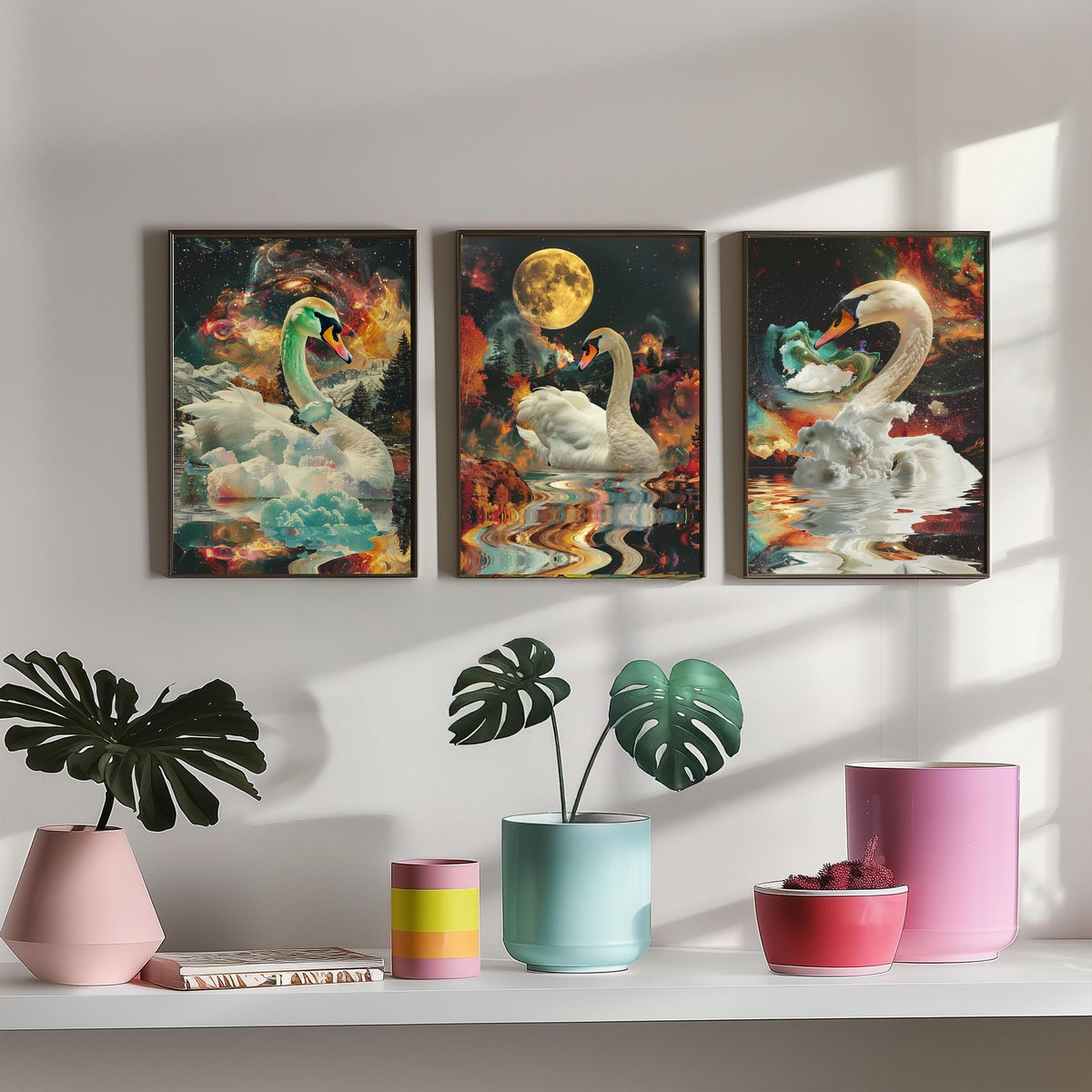 Swan Set of Three Art Prints - 3 Double Exposure Bird Posters - Surreal Lake Cosmic Nature Wall Art Gift Painting Moon
