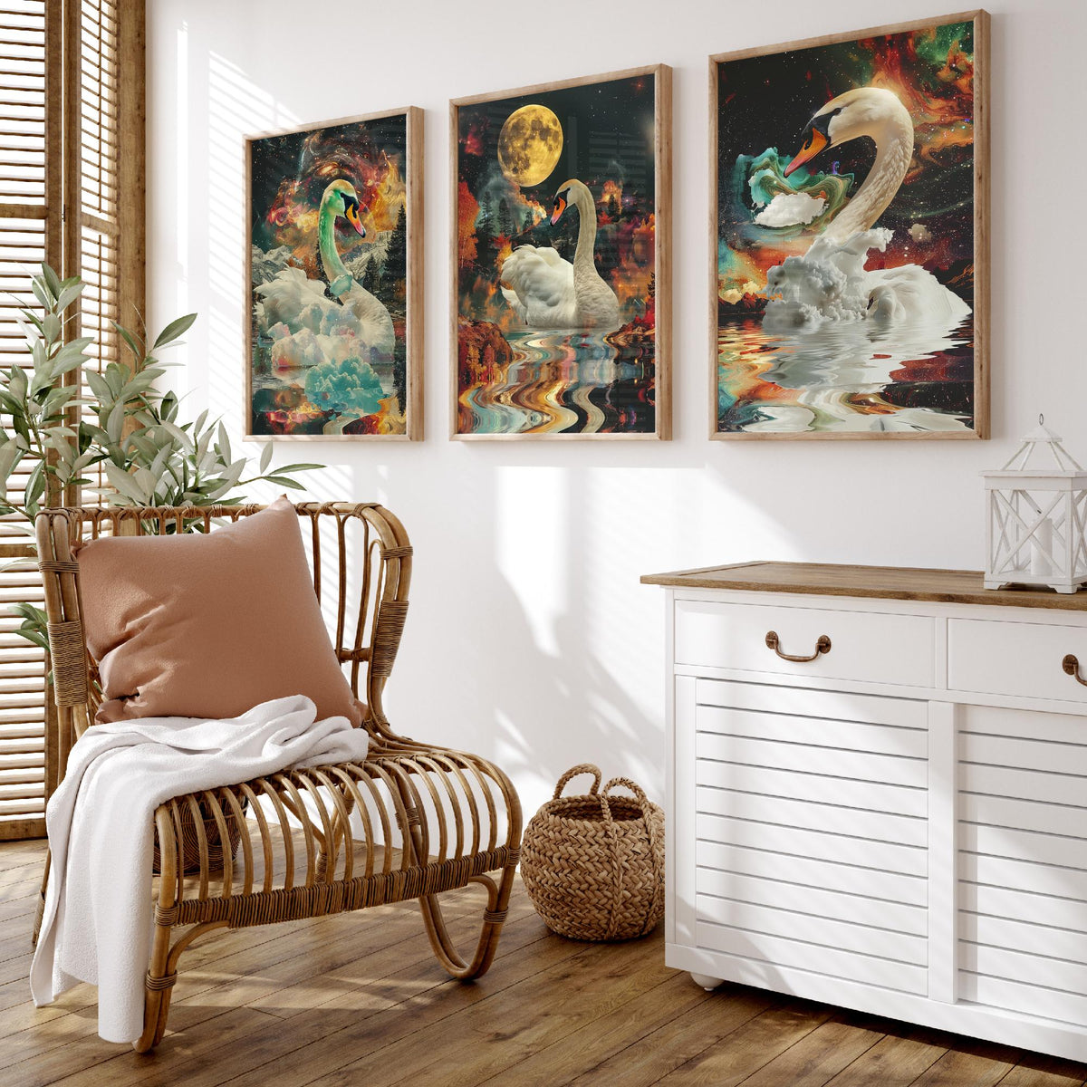 Swan Set of Three Art Prints - 3 Double Exposure Bird Posters - Surreal Lake Cosmic Nature Wall Art Gift Painting Moon