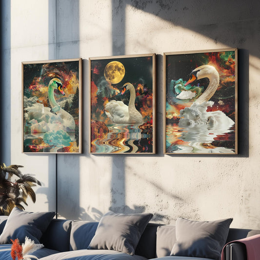 Swan Set of Three Art Prints - 3 Double Exposure Bird Posters - Surreal Lake Cosmic Nature Wall Art Gift Painting Moon