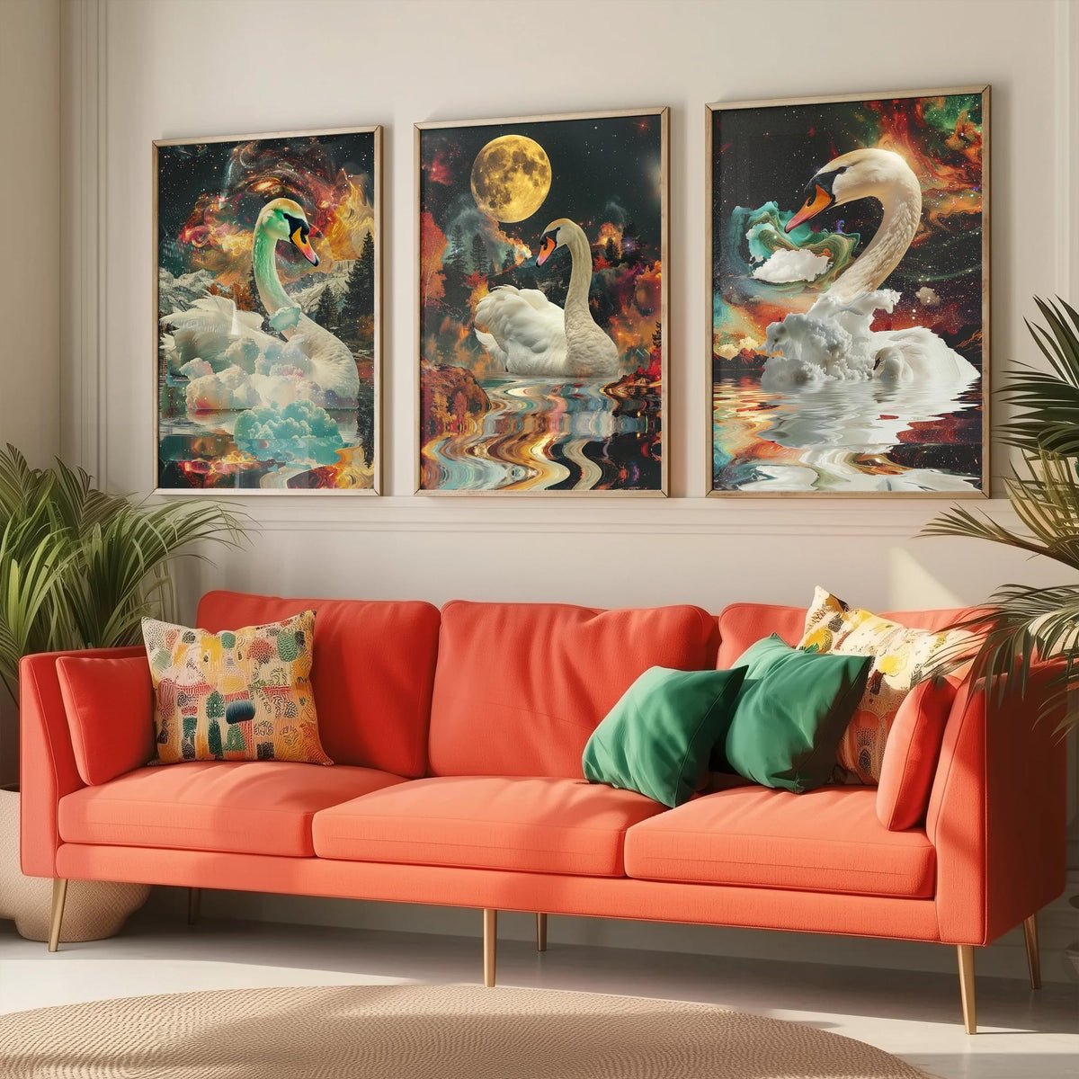 Swan Set of Three Art Prints - 3 Double Exposure Bird Posters - Surreal Lake Cosmic Nature Wall Art Gift Painting Moon