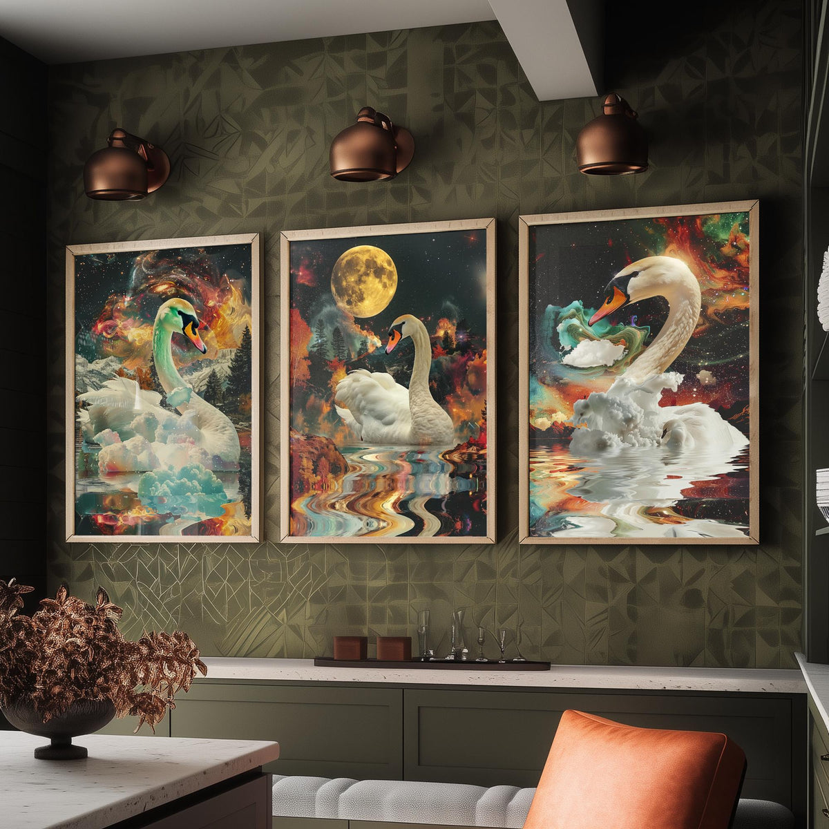 Swan Set of Three Art Prints - 3 Double Exposure Bird Posters - Surreal Lake Cosmic Nature Wall Art Gift Painting Moon