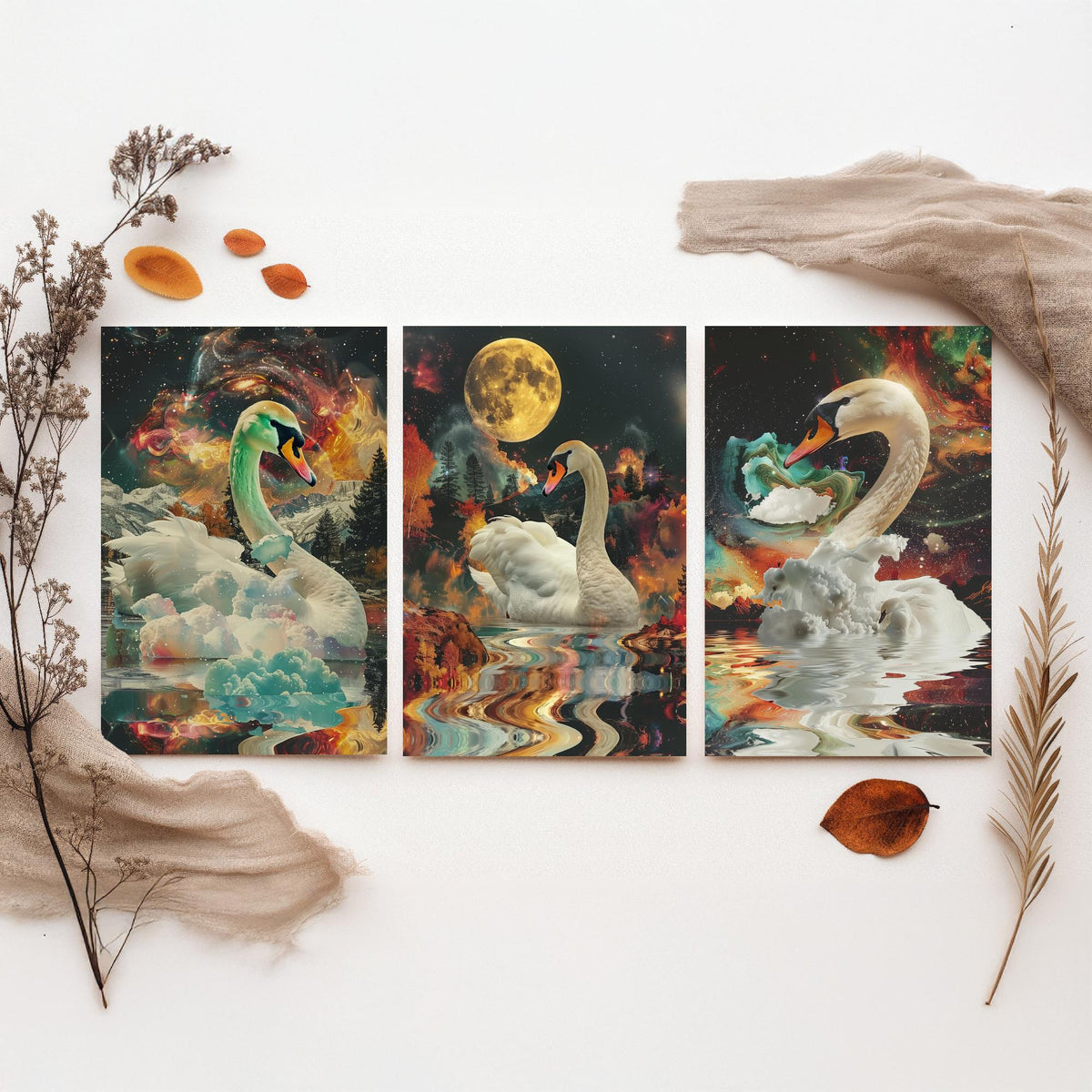 Swan Set of Three Art Prints - 3 Double Exposure Bird Posters - Surreal Lake Cosmic Nature Wall Art Gift Painting Moon