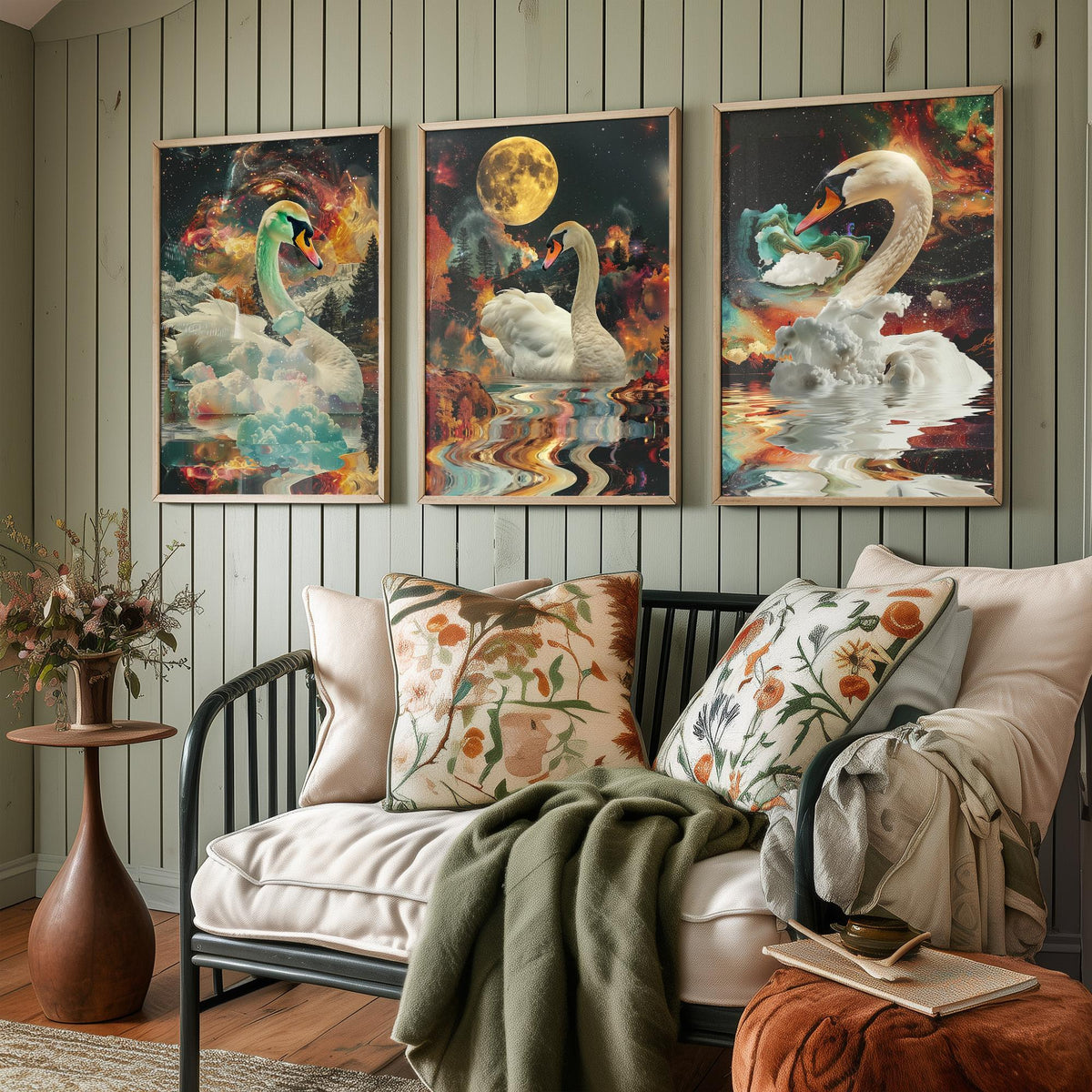 Swan Set of Three Art Prints - 3 Double Exposure Bird Posters - Surreal Lake Cosmic Nature Wall Art Gift Painting Moon
