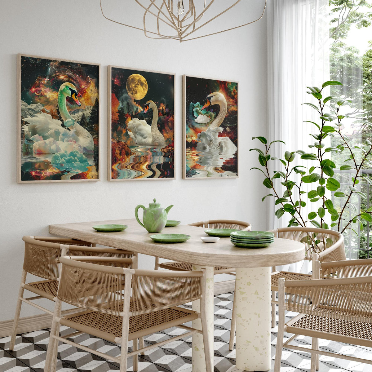 Swan Set of Three Art Prints - 3 Double Exposure Bird Posters - Surreal Lake Cosmic Nature Wall Art Gift Painting Moon