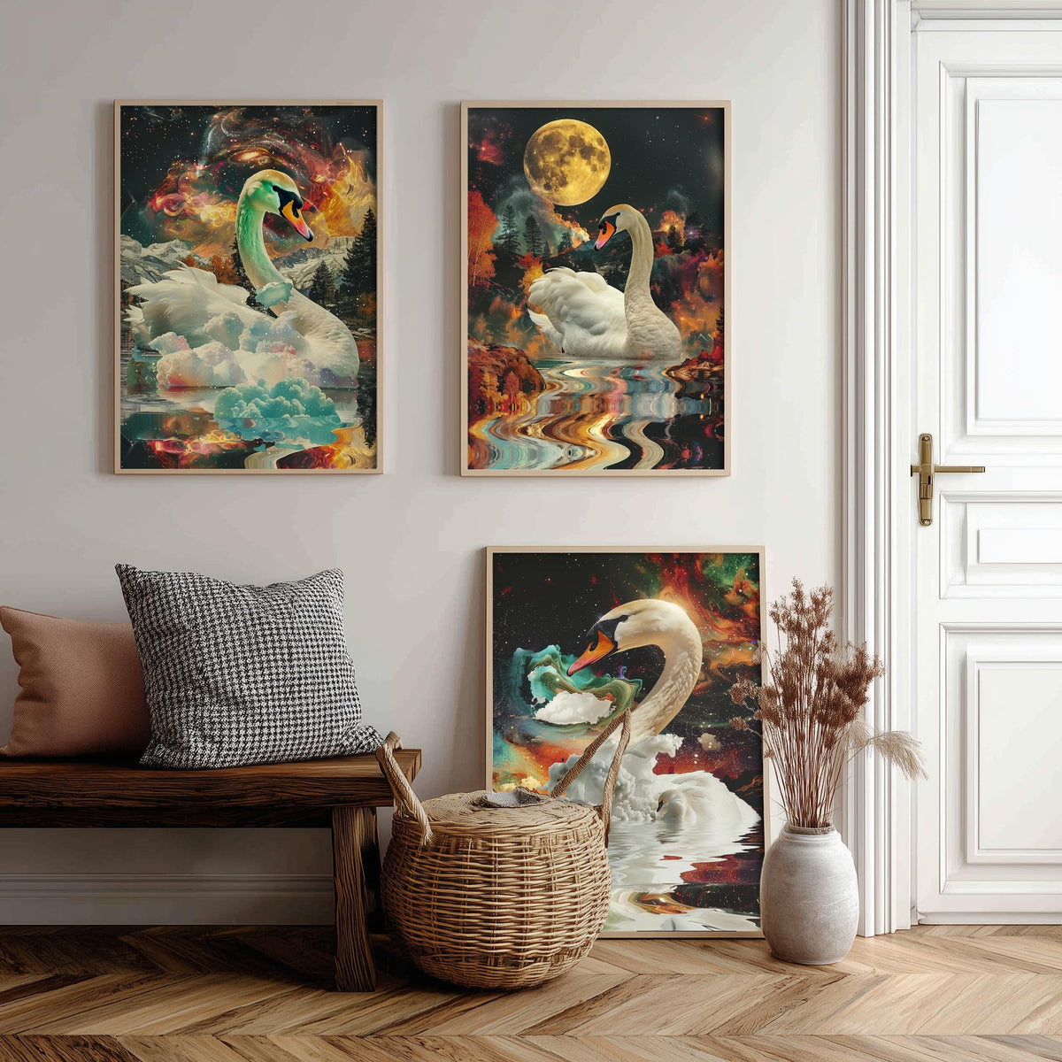 Swan Set of Three Art Prints - 3 Double Exposure Bird Posters - Surreal Lake Cosmic Nature Wall Art Gift Painting Moon