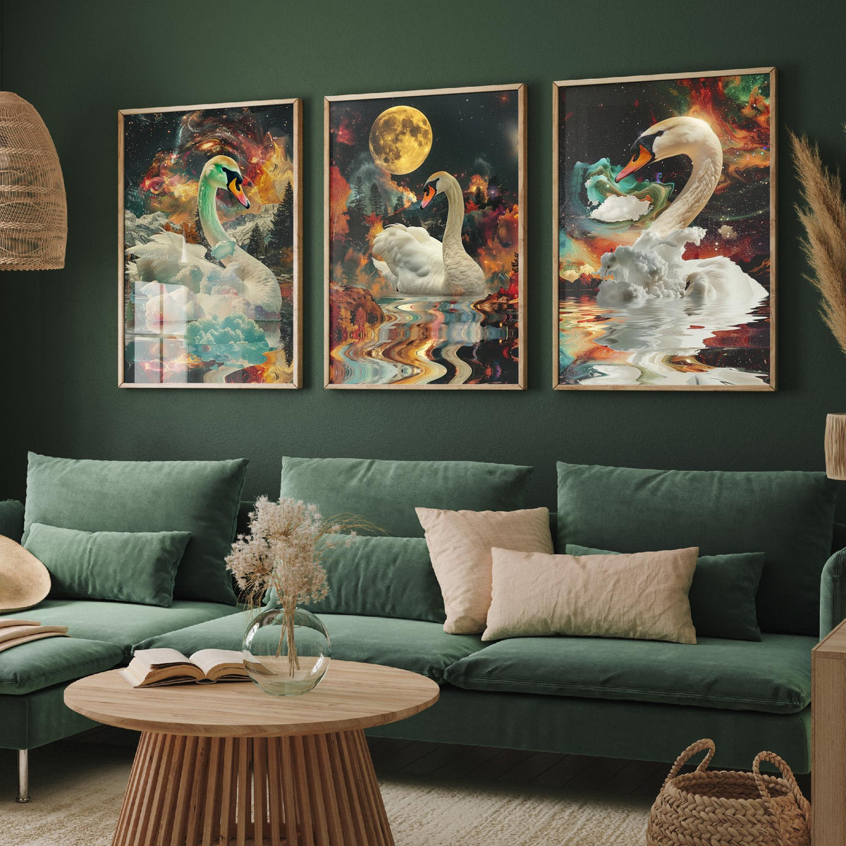 Swan Set of Three Art Prints - 3 Double Exposure Bird Posters - Surreal Lake Cosmic Nature Wall Art Gift Painting Moon