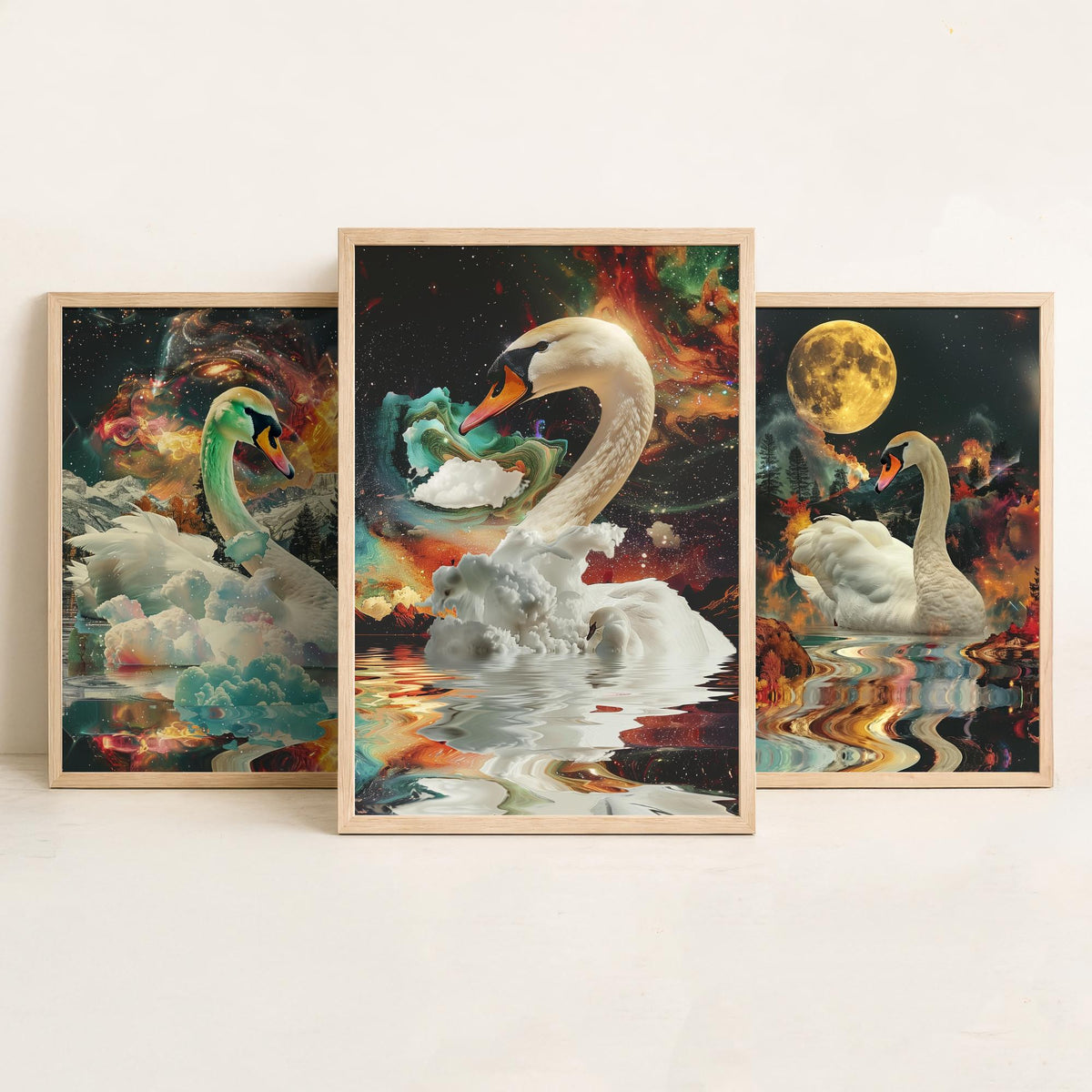 Swan Set of Three Art Prints - 3 Double Exposure Bird Posters - Surreal Lake Cosmic Nature Wall Art Gift Painting Moon