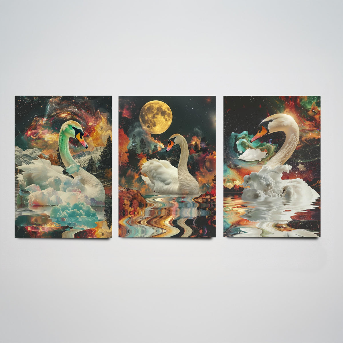 Swan Set of Three Art Prints - 3 Double Exposure Bird Posters - Surreal Lake Cosmic Nature Wall Art Gift Painting Moon
