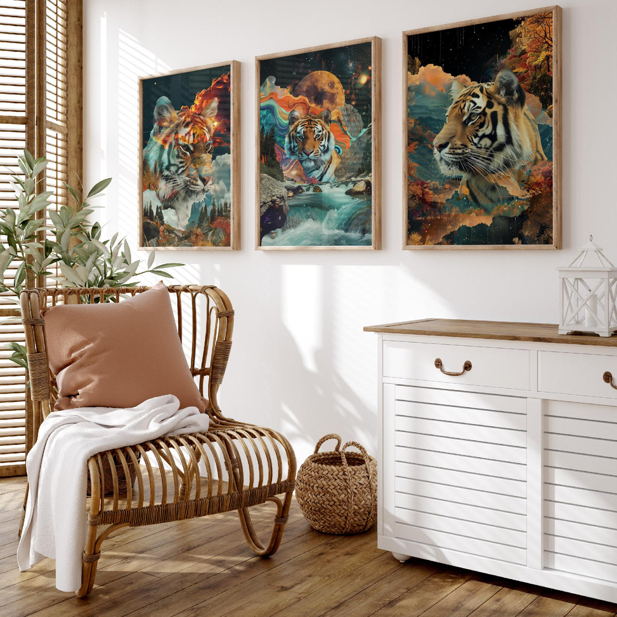 Tiger Set of Three Art Prints - 3 Double Exposure Big Cat Posters - Surreal Waterfall Cosmic Nature Wall Art Gift Painting Celestial