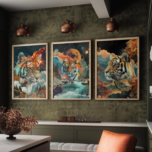 Tiger Set of Three Art Prints - 3 Double Exposure Big Cat Posters - Surreal Waterfall Cosmic Nature Wall Art Gift Painting Celestial