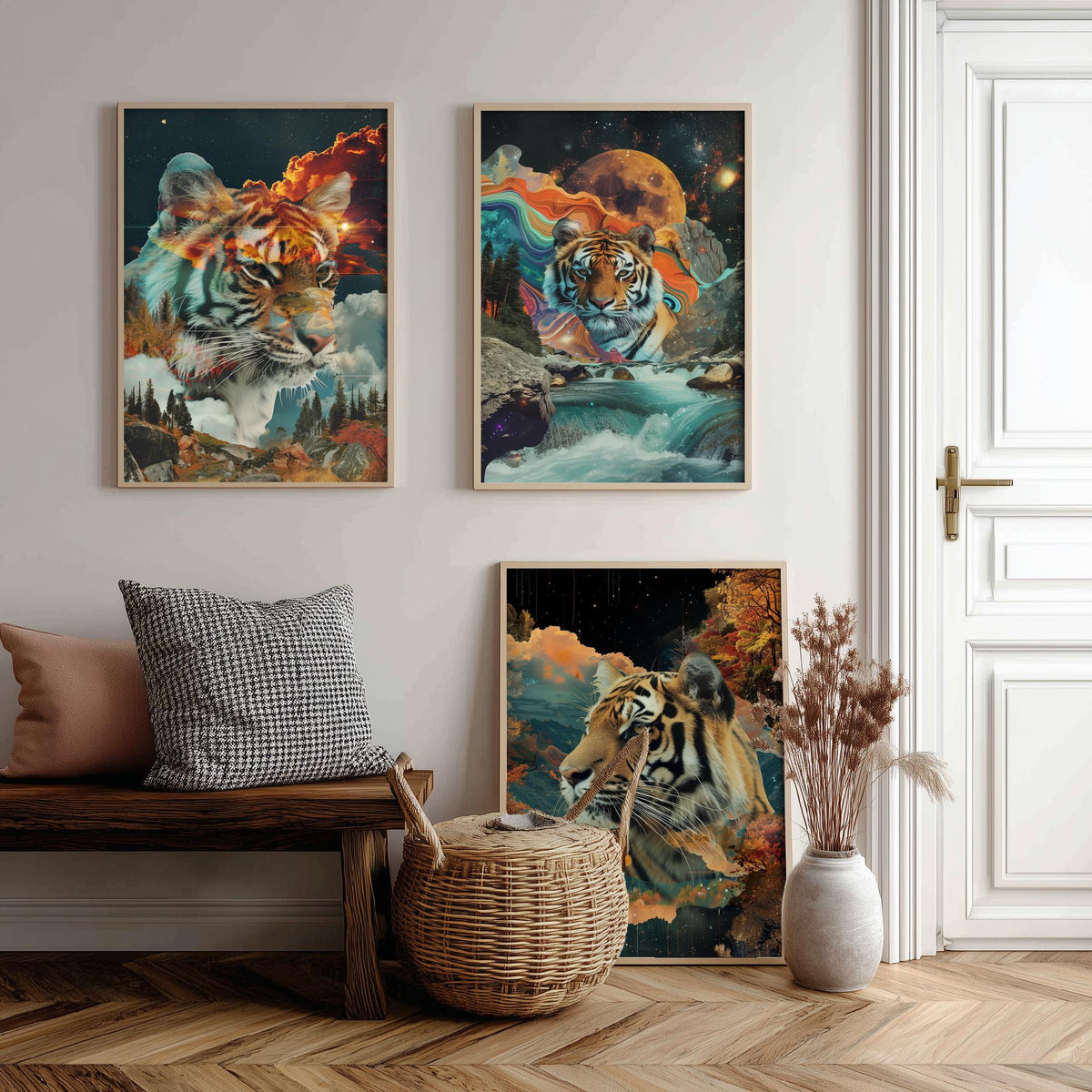 Tiger Set of Three Art Prints - 3 Double Exposure Big Cat Posters - Surreal Waterfall Cosmic Nature Wall Art Gift Painting Celestial