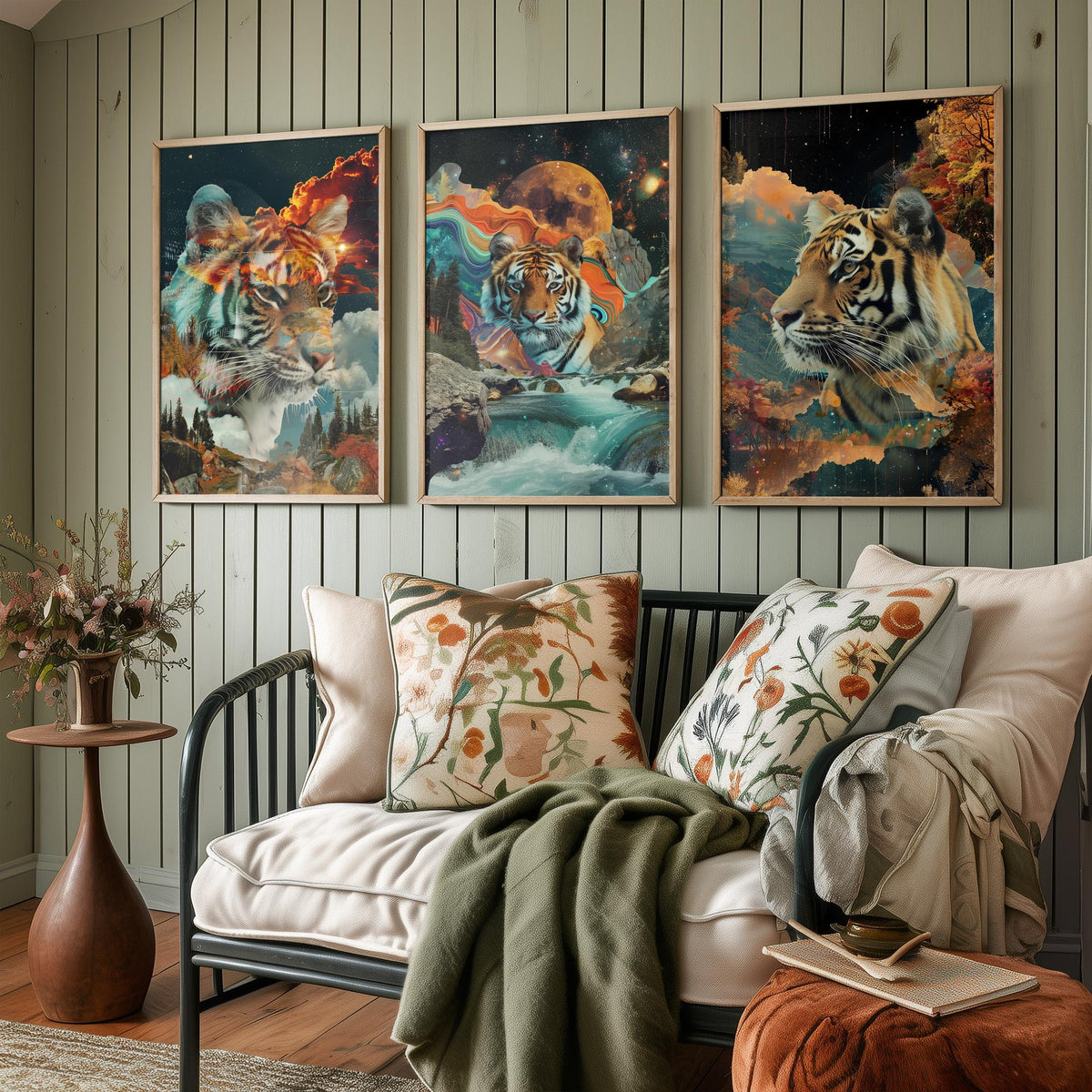 Tiger Set of Three Art Prints - 3 Double Exposure Big Cat Posters - Surreal Waterfall Cosmic Nature Wall Art Gift Painting Celestial