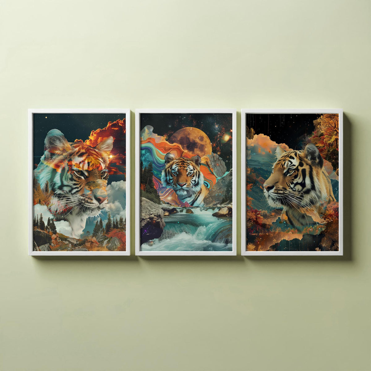 Tiger Set of Three Art Prints - 3 Double Exposure Big Cat Posters - Surreal Waterfall Cosmic Nature Wall Art Gift Painting Celestial