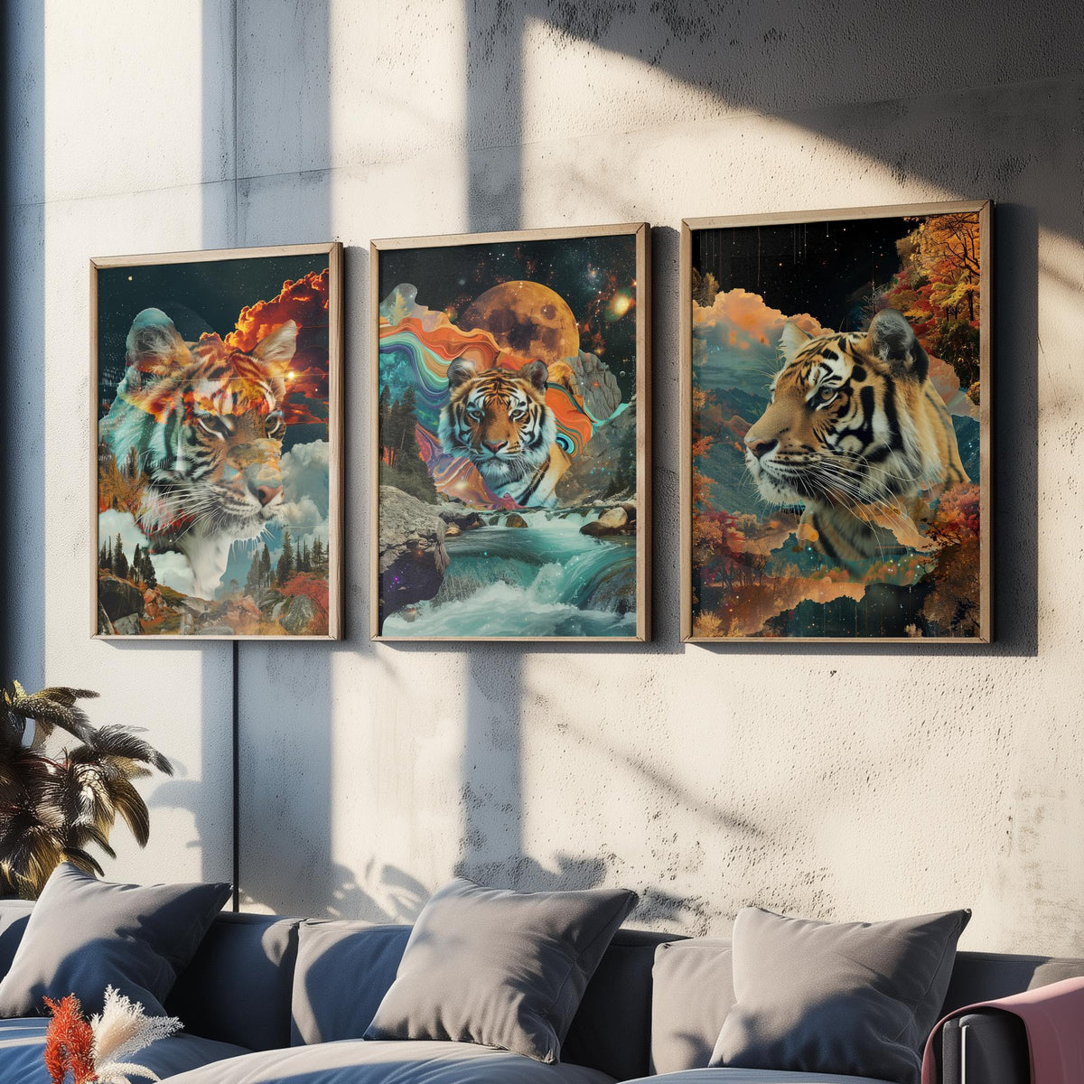 Tiger Set of Three Art Prints - 3 Double Exposure Big Cat Posters - Surreal Waterfall Cosmic Nature Wall Art Gift Painting Celestial