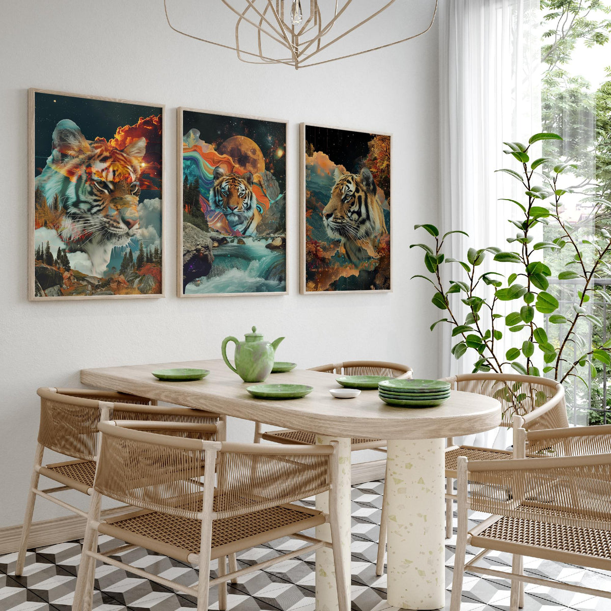 Tiger Set of Three Art Prints - 3 Double Exposure Big Cat Posters - Surreal Waterfall Cosmic Nature Wall Art Gift Painting Celestial