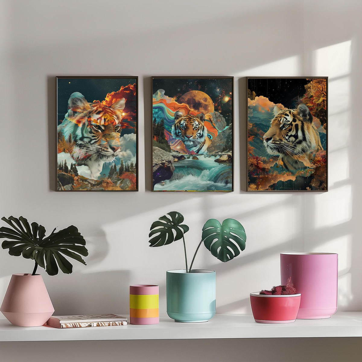 Tiger Set of Three Art Prints - 3 Double Exposure Big Cat Posters - Surreal Waterfall Cosmic Nature Wall Art Gift Painting Celestial