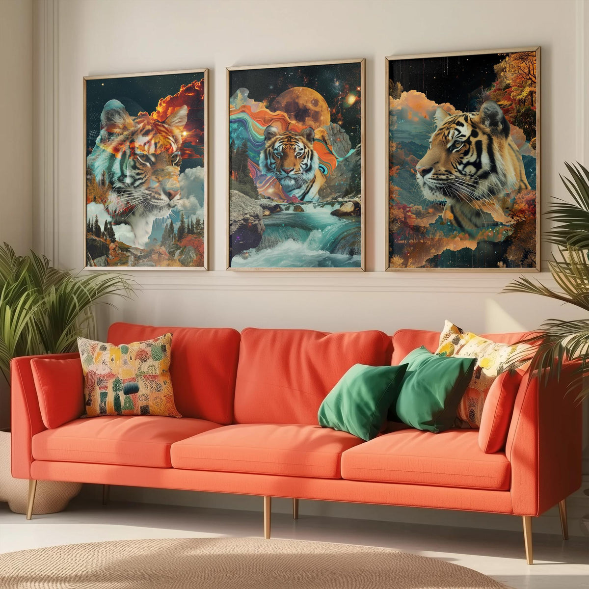 Tiger Set of Three Art Prints - 3 Double Exposure Big Cat Posters - Surreal Waterfall Cosmic Nature Wall Art Gift Painting Celestial