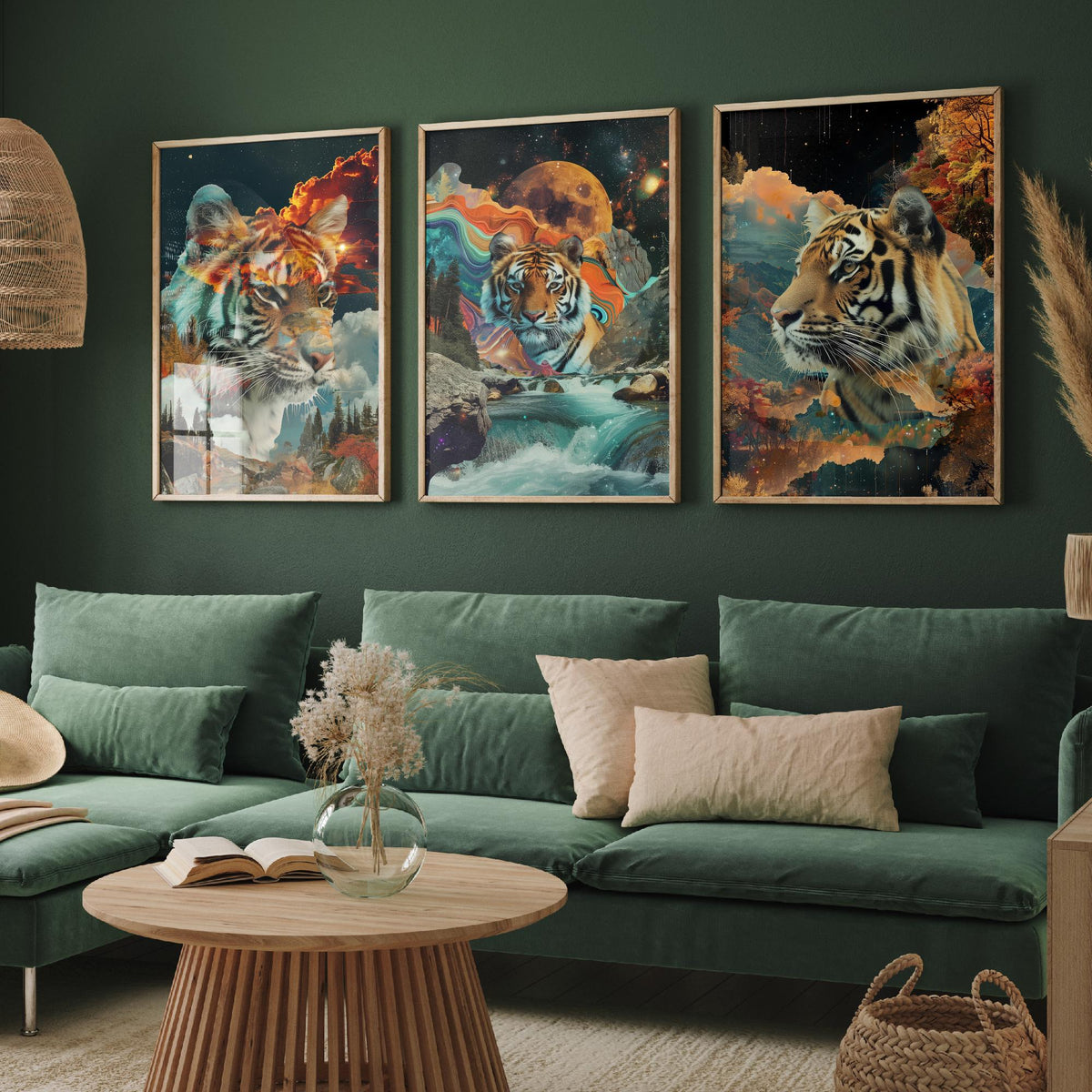 Tiger Set of Three Art Prints - 3 Double Exposure Big Cat Posters - Surreal Waterfall Cosmic Nature Wall Art Gift Painting Celestial