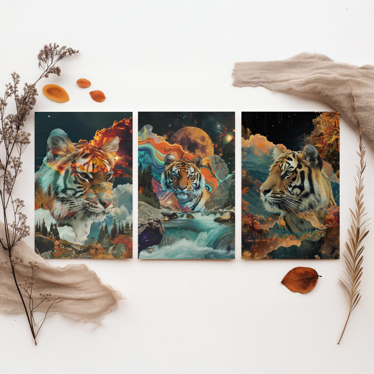 Tiger Set of Three Art Prints - 3 Double Exposure Big Cat Posters - Surreal Waterfall Cosmic Nature Wall Art Gift Painting Celestial