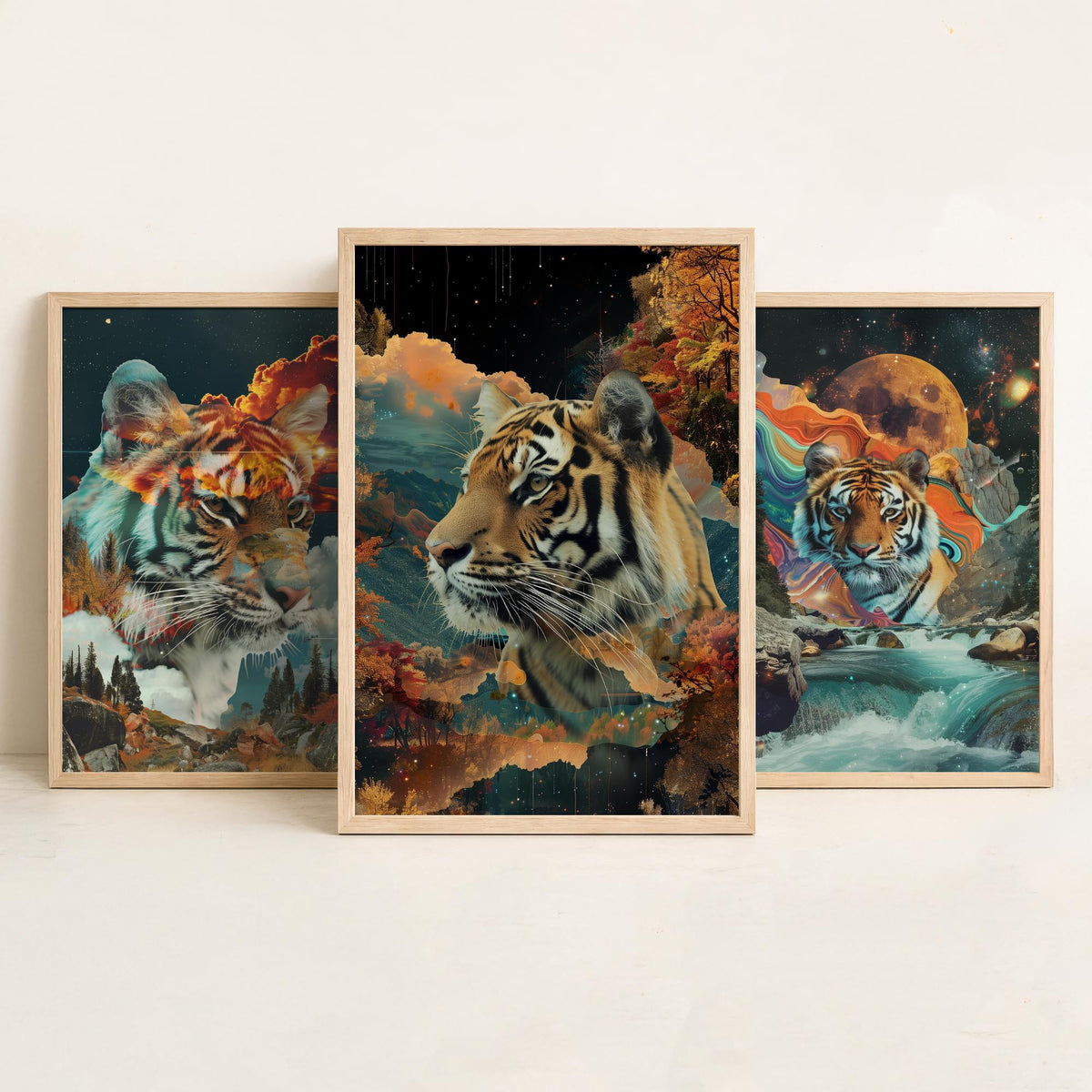 Tiger Set of Three Art Prints - 3 Double Exposure Big Cat Posters - Surreal Waterfall Cosmic Nature Wall Art Gift Painting Celestial