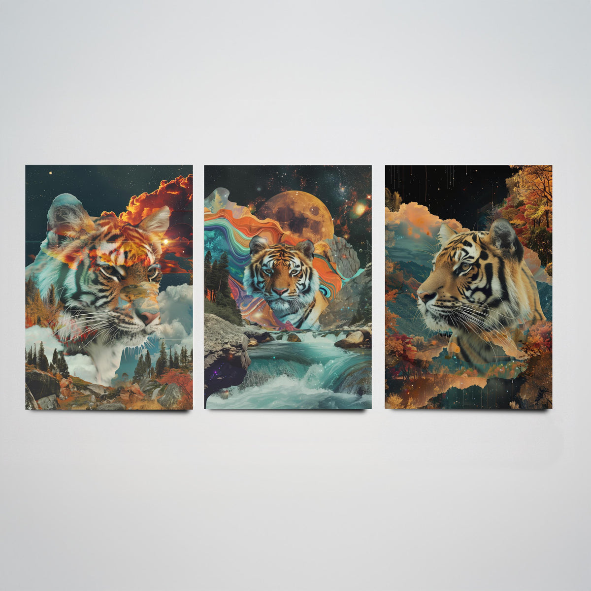 Tiger Set of Three Art Prints - 3 Double Exposure Big Cat Posters - Surreal Waterfall Cosmic Nature Wall Art Gift Painting Celestial