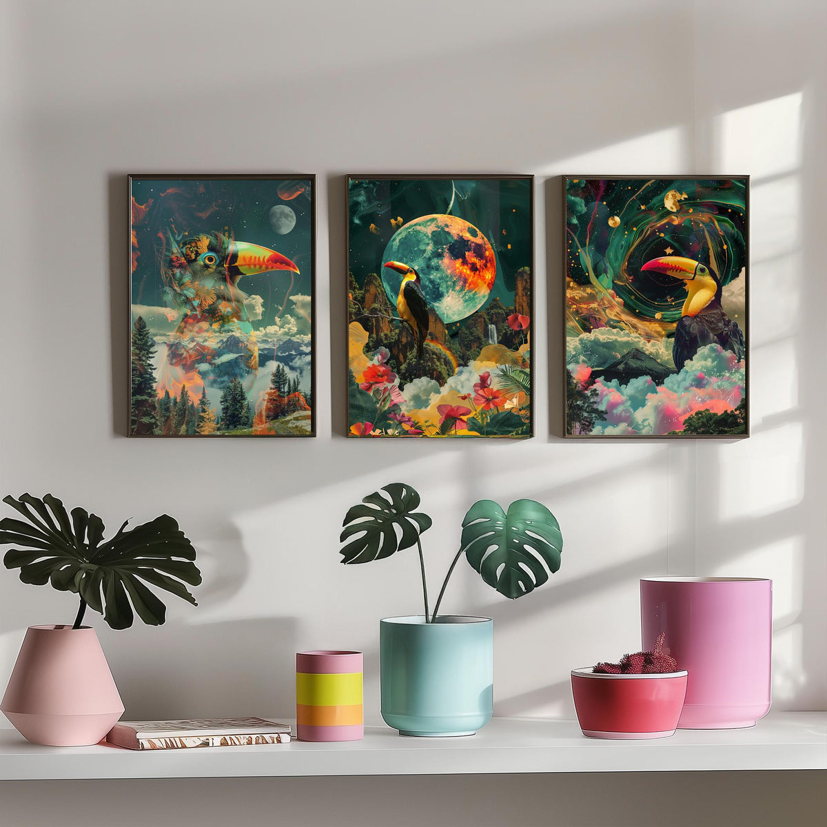 Toucan Set of Three Art Prints - 3 Double Exposure Tropical Bird Posters - Surreal Rainforest Cosmic Nature Wall Art Gift Painting Celestial