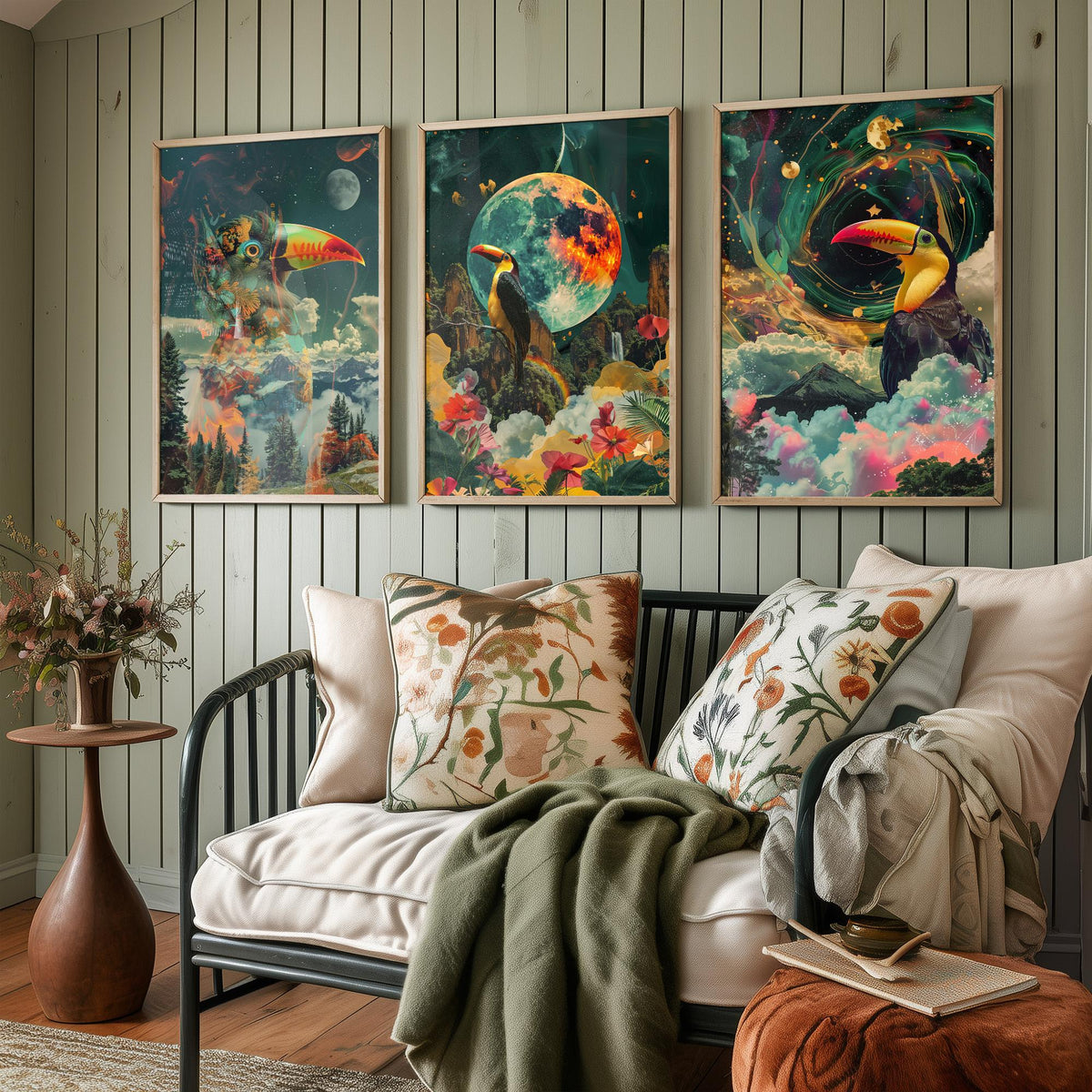 Toucan Set of Three Art Prints - 3 Double Exposure Tropical Bird Posters - Surreal Rainforest Cosmic Nature Wall Art Gift Painting Celestial