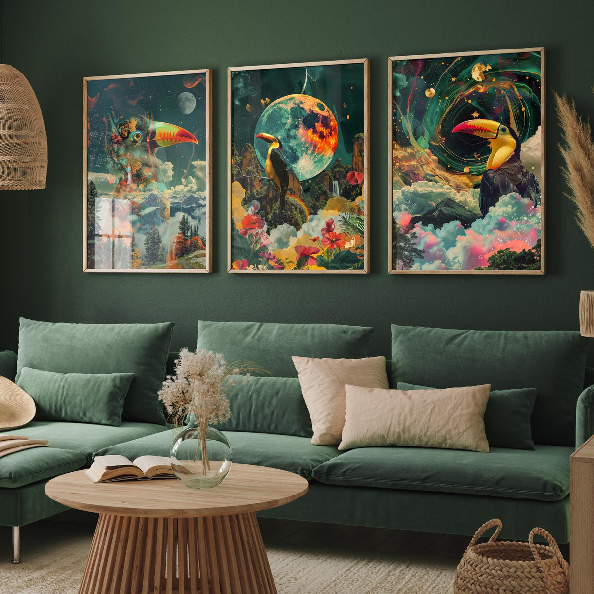 Toucan Set of Three Art Prints - 3 Double Exposure Tropical Bird Posters - Surreal Rainforest Cosmic Nature Wall Art Gift Painting Celestial