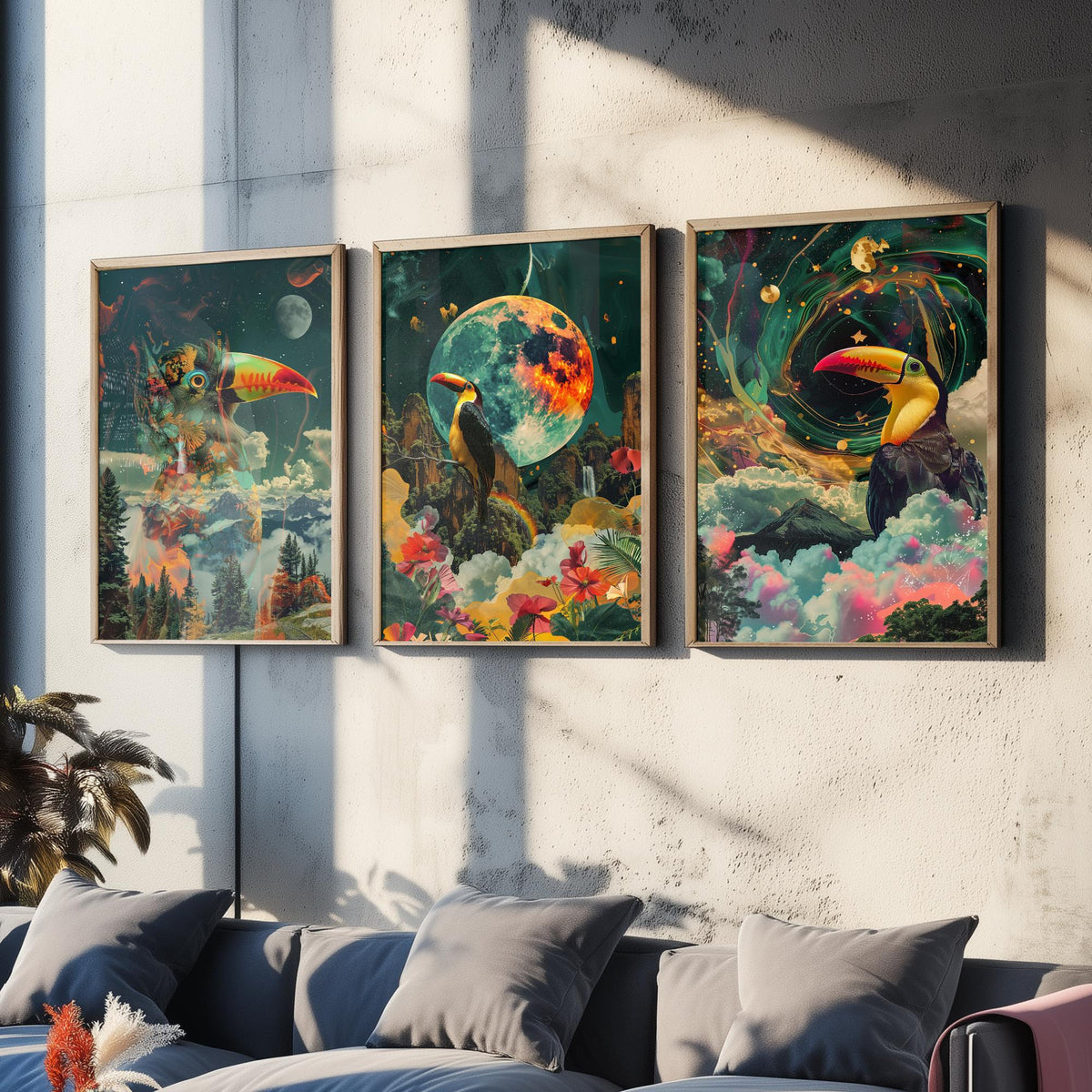 Toucan Set of Three Art Prints - 3 Double Exposure Tropical Bird Posters - Surreal Rainforest Cosmic Nature Wall Art Gift Painting Celestial