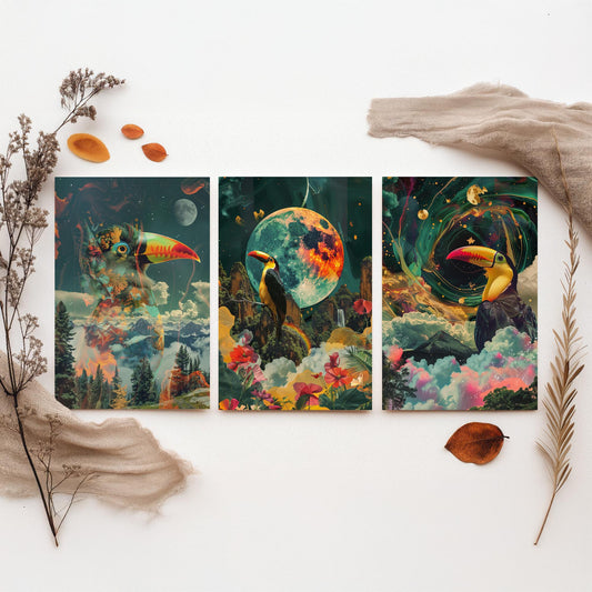 Toucan Set of Three Art Prints - 3 Double Exposure Tropical Bird Posters - Surreal Rainforest Cosmic Nature Wall Art Gift Painting Celestial