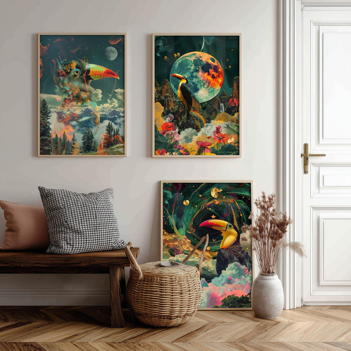 Toucan Set of Three Art Prints - 3 Double Exposure Tropical Bird Posters - Surreal Rainforest Cosmic Nature Wall Art Gift Painting Celestial