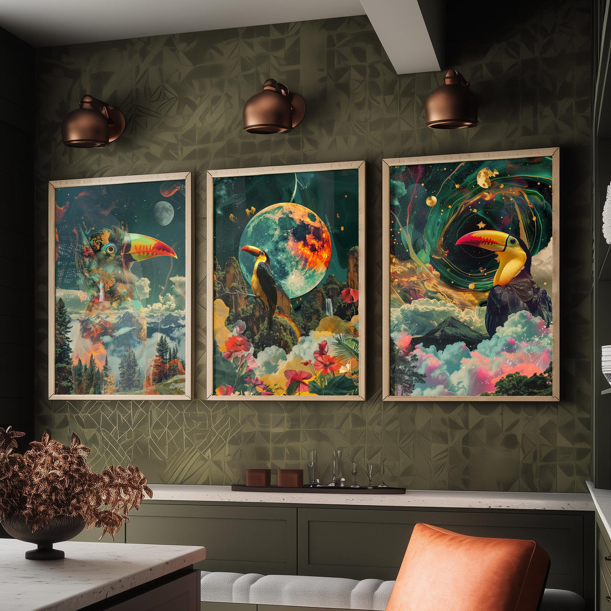 Toucan Set of Three Art Prints - 3 Double Exposure Tropical Bird Posters - Surreal Rainforest Cosmic Nature Wall Art Gift Painting Celestial