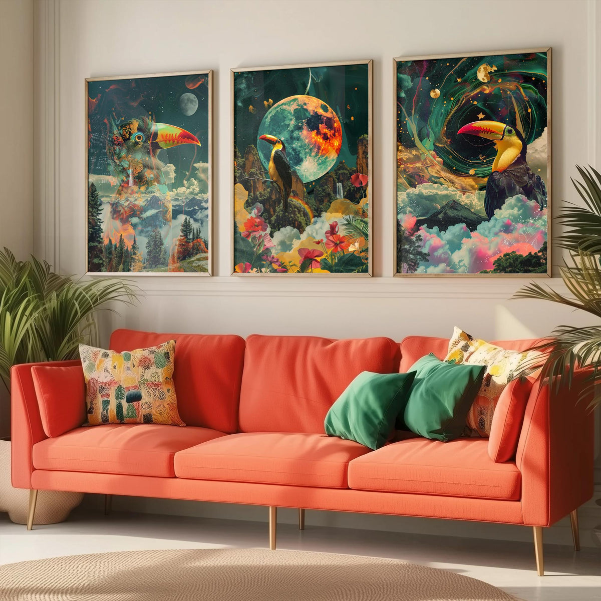 Toucan Set of Three Art Prints - 3 Double Exposure Tropical Bird Posters - Surreal Rainforest Cosmic Nature Wall Art Gift Painting Celestial