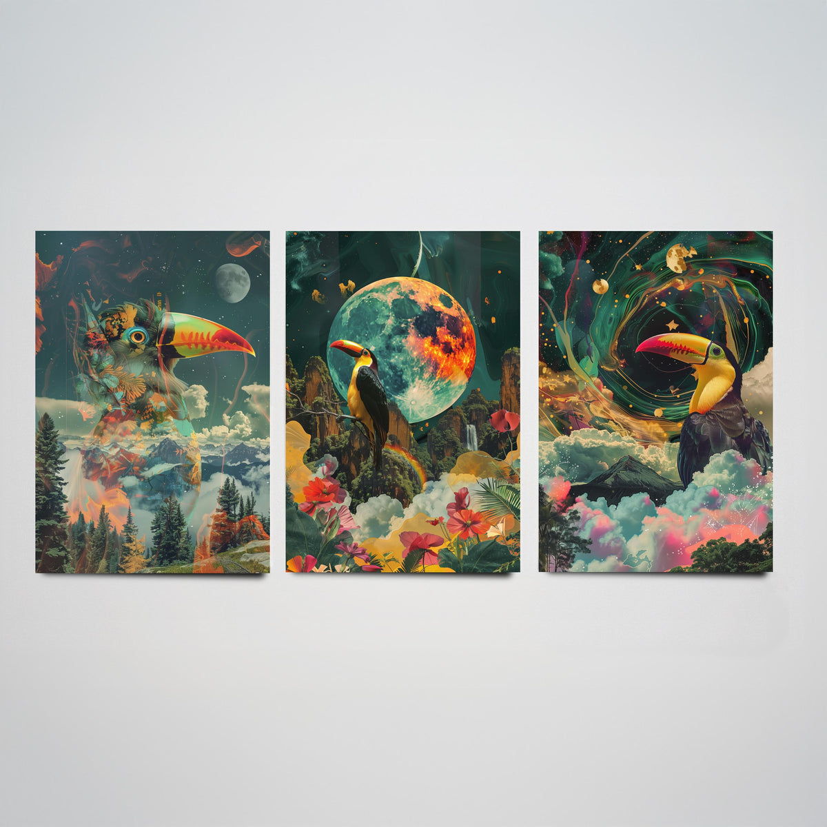 Toucan Set of Three Art Prints - 3 Double Exposure Tropical Bird Posters - Surreal Rainforest Cosmic Nature Wall Art Gift Painting Celestial