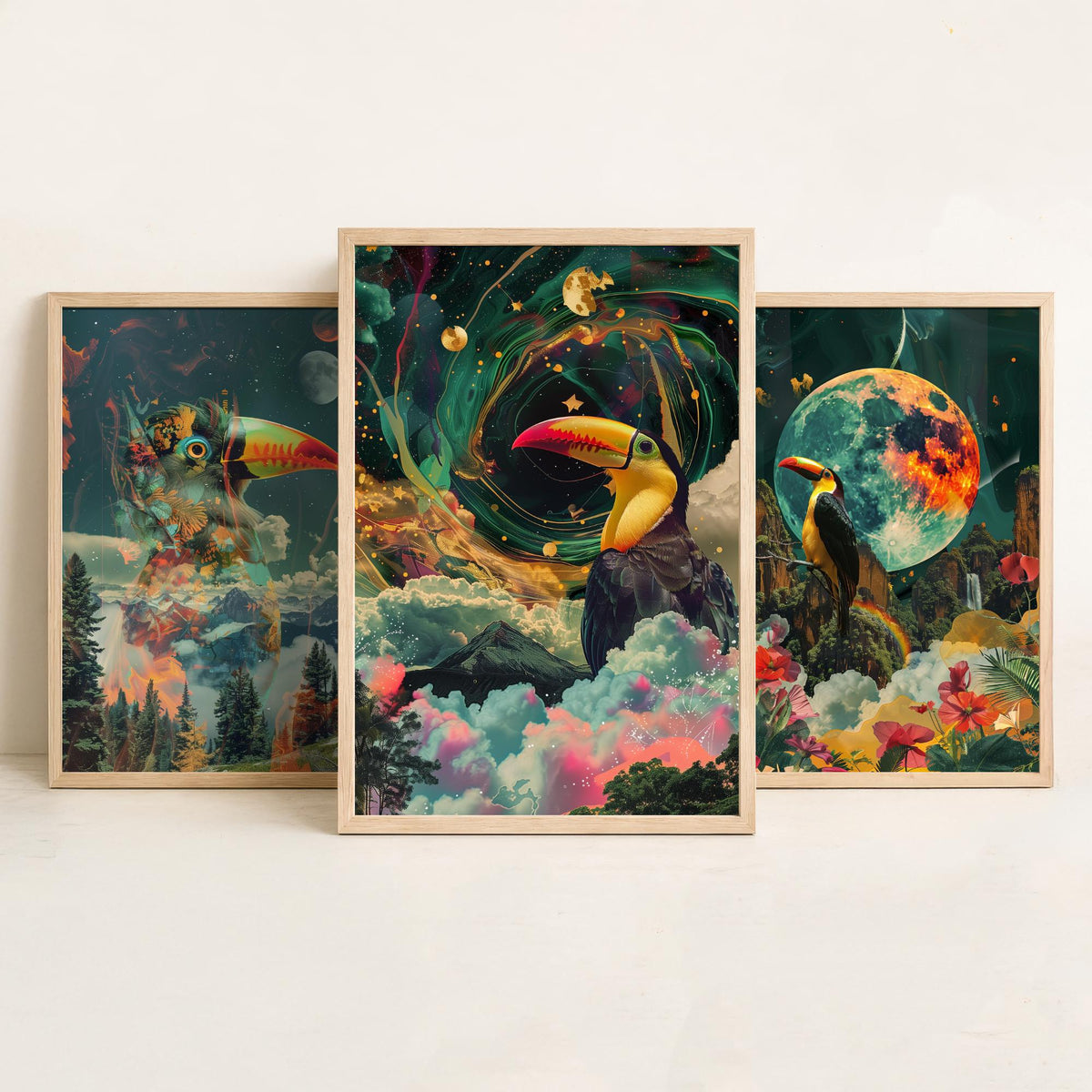 Toucan Set of Three Art Prints - 3 Double Exposure Tropical Bird Posters - Surreal Rainforest Cosmic Nature Wall Art Gift Painting Celestial