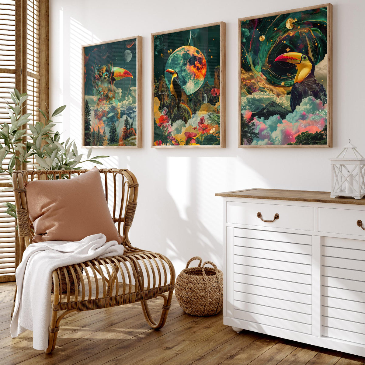 Toucan Set of Three Art Prints - 3 Double Exposure Tropical Bird Posters - Surreal Rainforest Cosmic Nature Wall Art Gift Painting Celestial