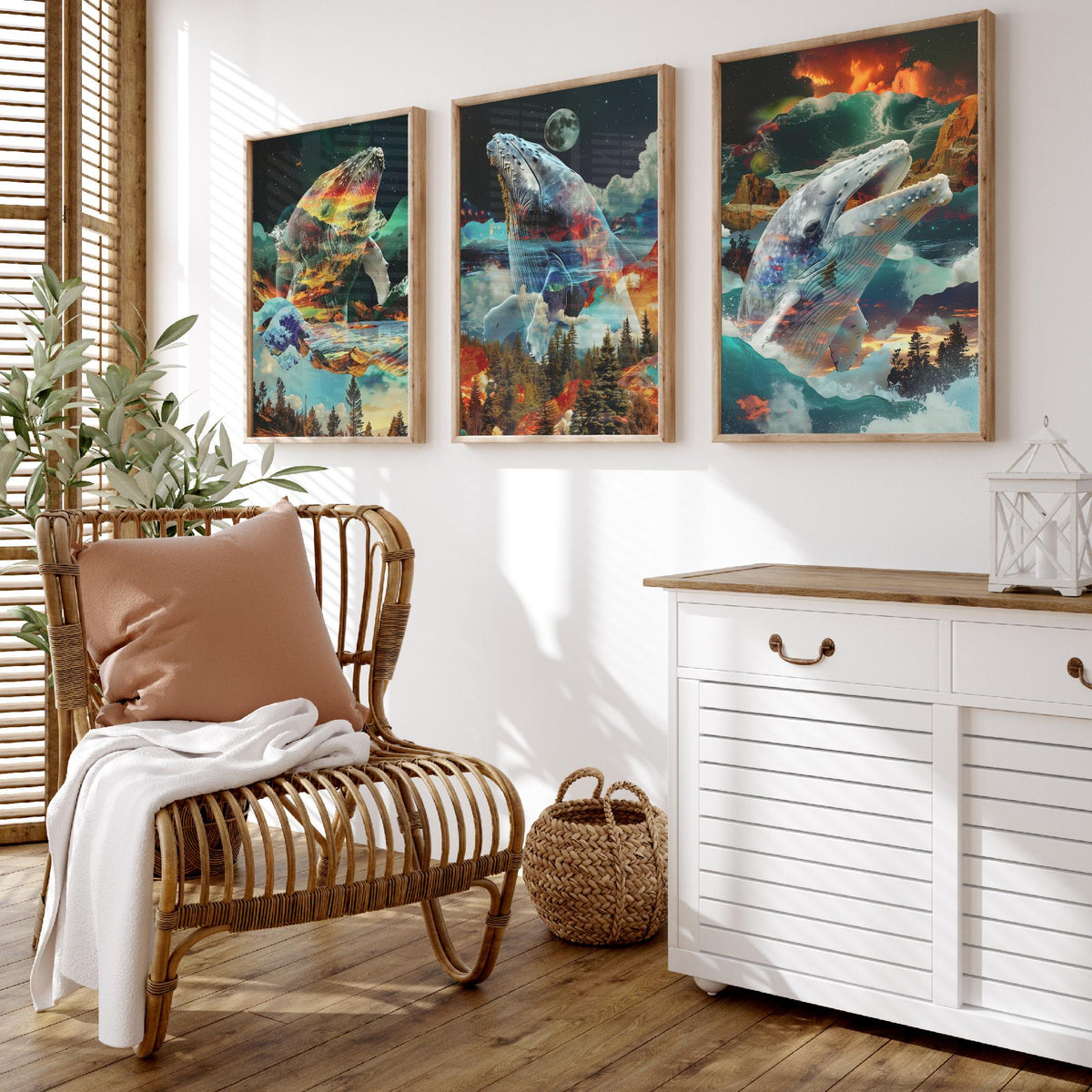 Whale Set of Three Art Prints - 3 Double Exposure Ocean Posters - Surreal Wave Mountain Nature Wall Art Gift Painting Moon