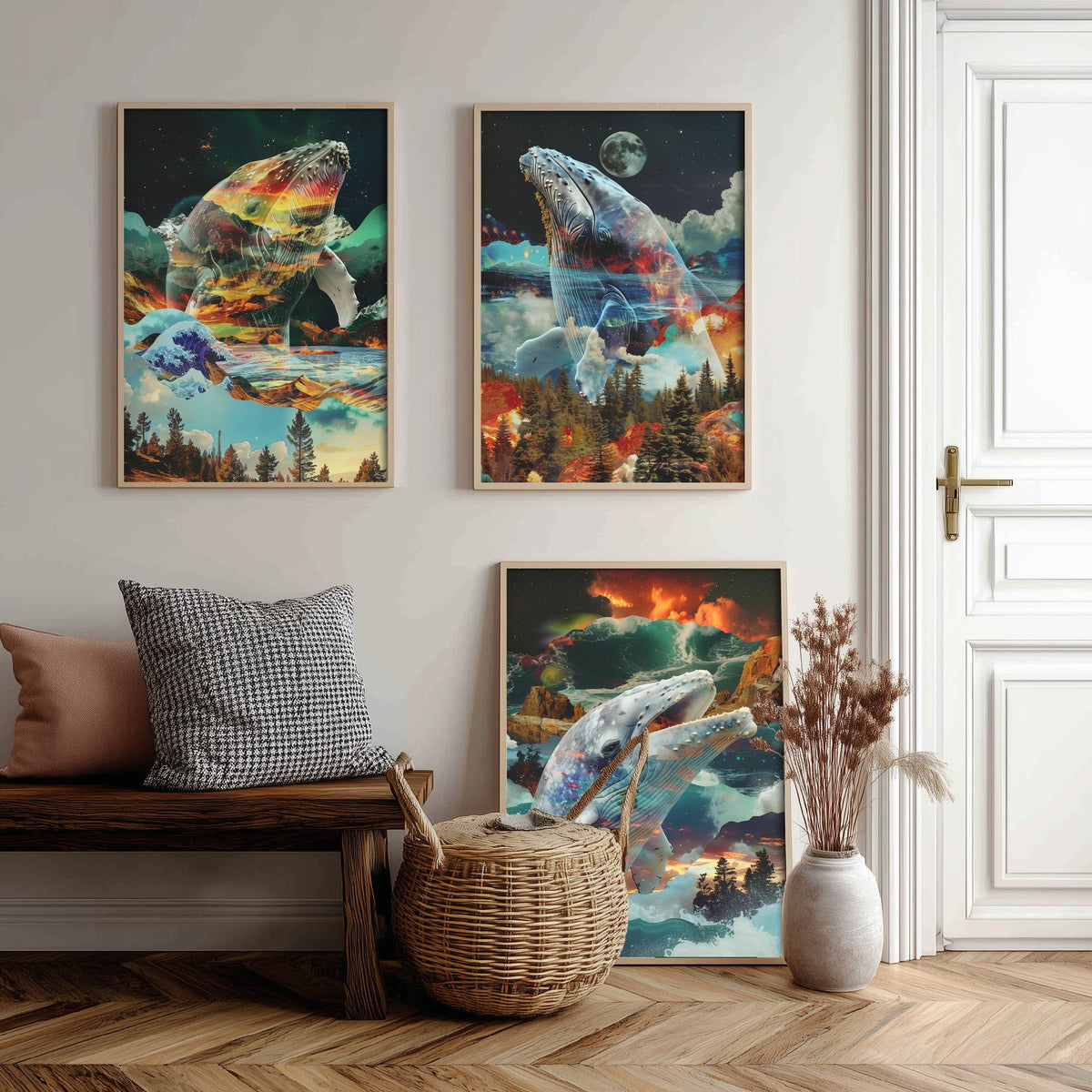 Whale Set of Three Art Prints - 3 Double Exposure Ocean Posters - Surreal Wave Mountain Nature Wall Art Gift Painting Moon