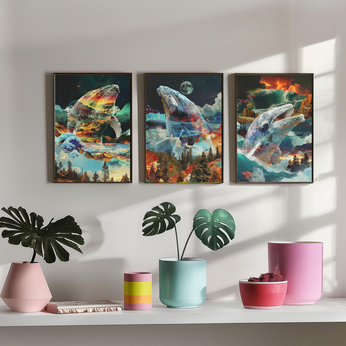 Whale Set of Three Art Prints - 3 Double Exposure Ocean Posters - Surreal Wave Mountain Nature Wall Art Gift Painting Moon