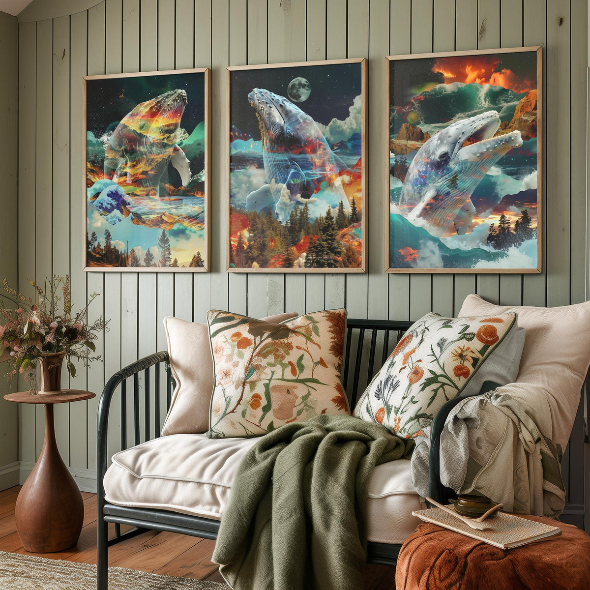 Whale Set of Three Art Prints - 3 Double Exposure Ocean Posters - Surreal Wave Mountain Nature Wall Art Gift Painting Moon