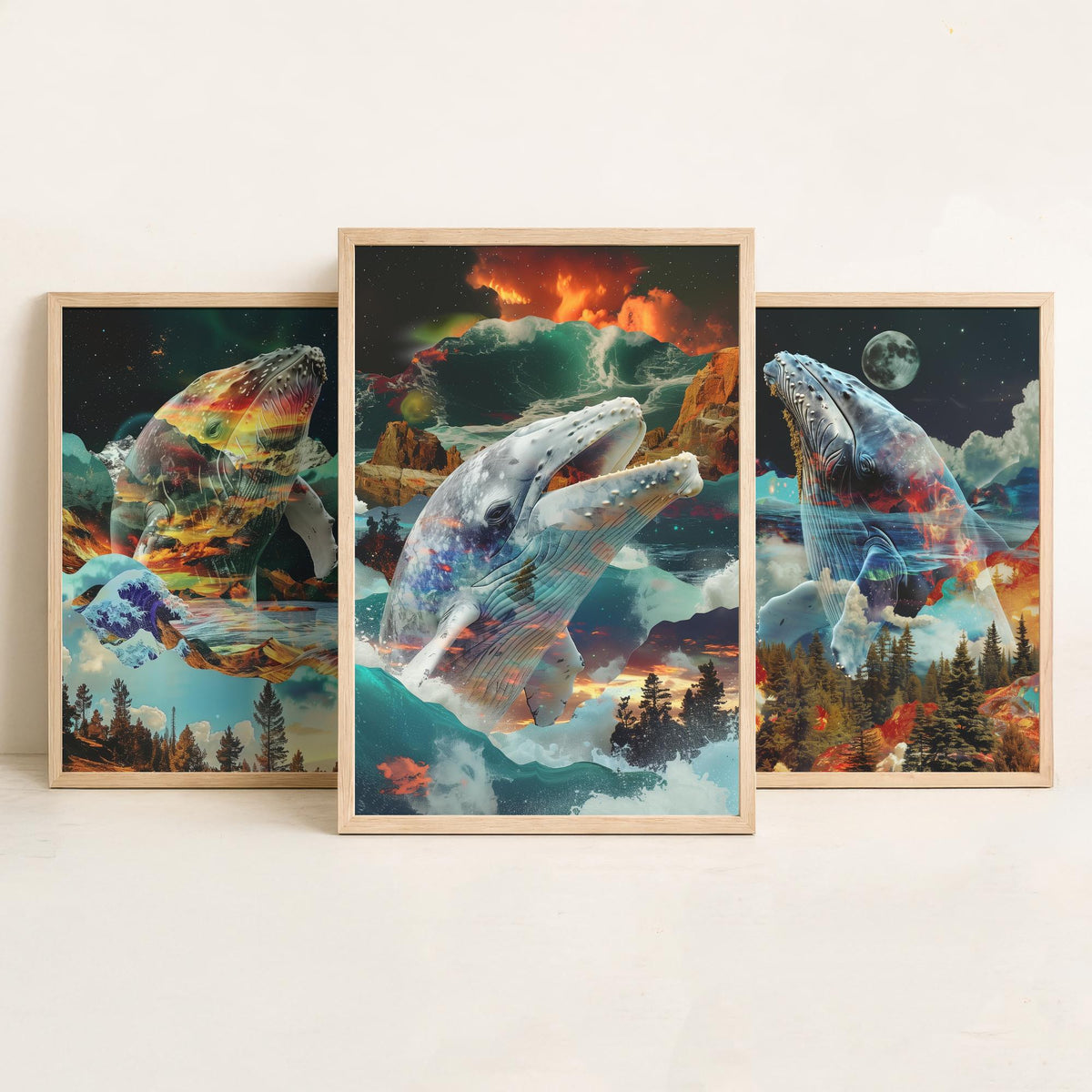 Whale Set of Three Art Prints - 3 Double Exposure Ocean Posters - Surreal Wave Mountain Nature Wall Art Gift Painting Moon