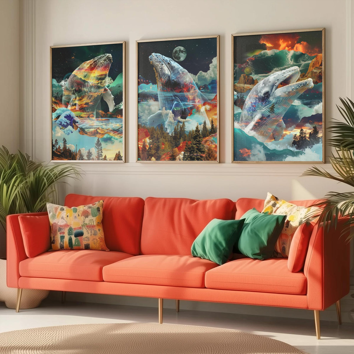 Whale Set of Three Art Prints - 3 Double Exposure Ocean Posters - Surreal Wave Mountain Nature Wall Art Gift Painting Moon