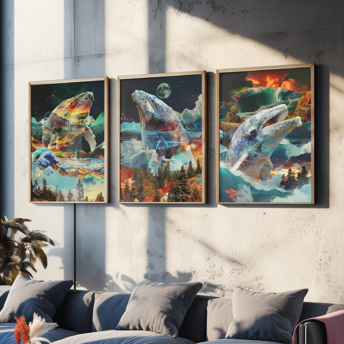 Whale Set of Three Art Prints - 3 Double Exposure Ocean Posters - Surreal Wave Mountain Nature Wall Art Gift Painting Moon
