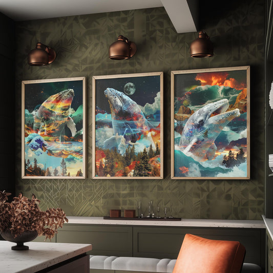 Whale Set of Three Art Prints - 3 Double Exposure Ocean Posters - Surreal Wave Mountain Nature Wall Art Gift Painting Moon
