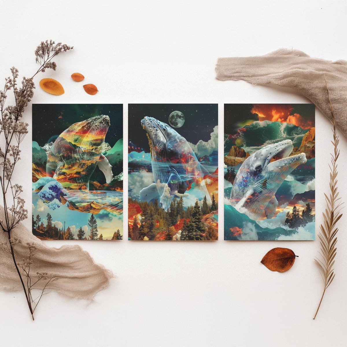 Whale Set of Three Art Prints - 3 Double Exposure Ocean Posters - Surreal Wave Mountain Nature Wall Art Gift Painting Moon